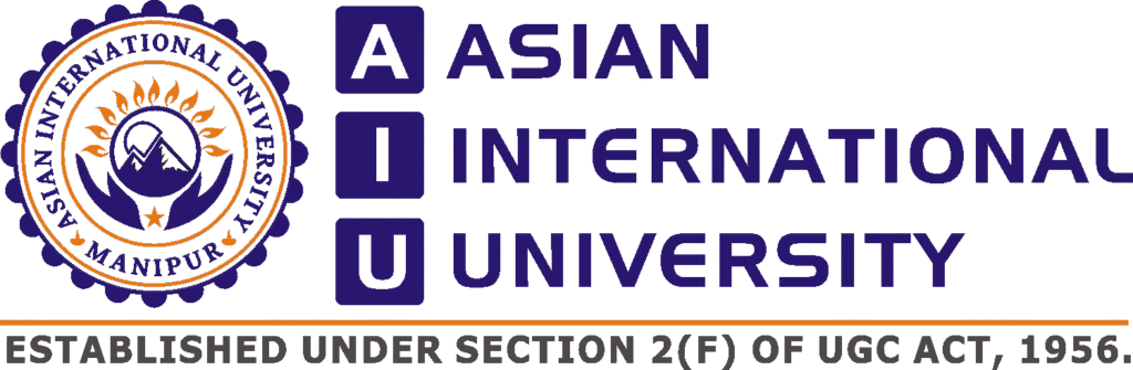 Asian International University logo, featuring a round frame, 2 mountains like a sun its holding by two hand. text in sharp round bordar boxes, text.